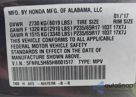 2017 Honda Odyssey Ex-L from USA, damaged, VIN 5FNRL5H65HB001517